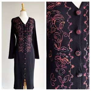 Elegant Black Dress with Pink Embroidery